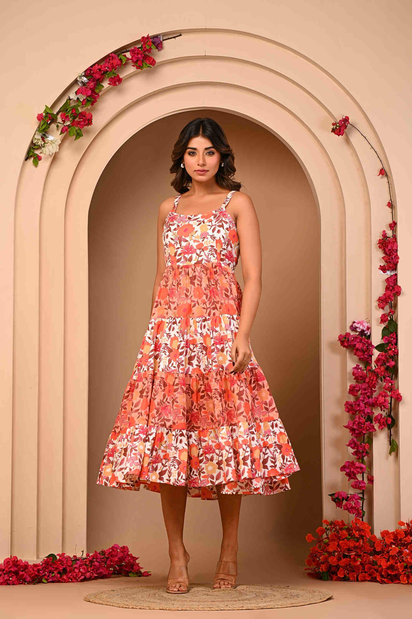 Peach floral cotton midi dress manufacturer India