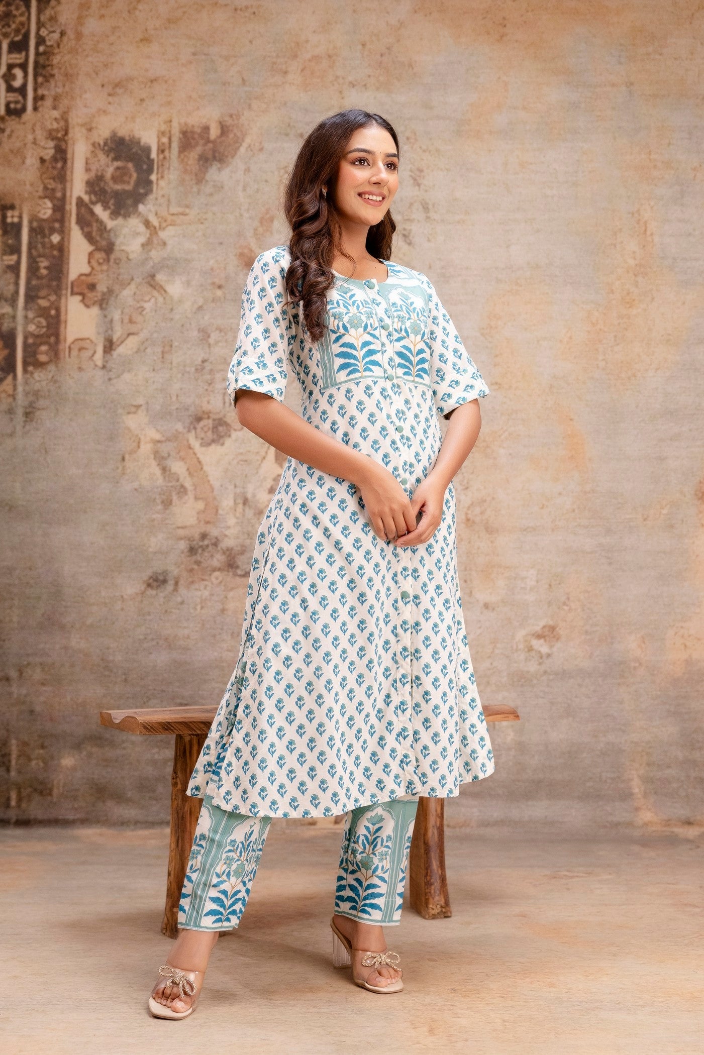 Modern traditional white and blue kurta pant set