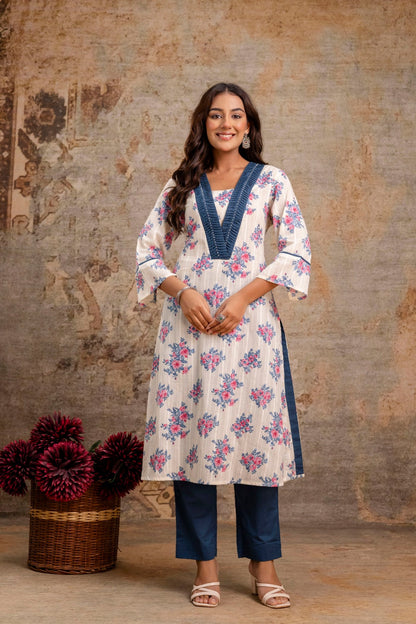 Pintuck pearl work cotton kurta set for women

