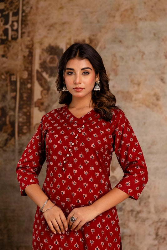 Wholesale women cotton kurta pant set red