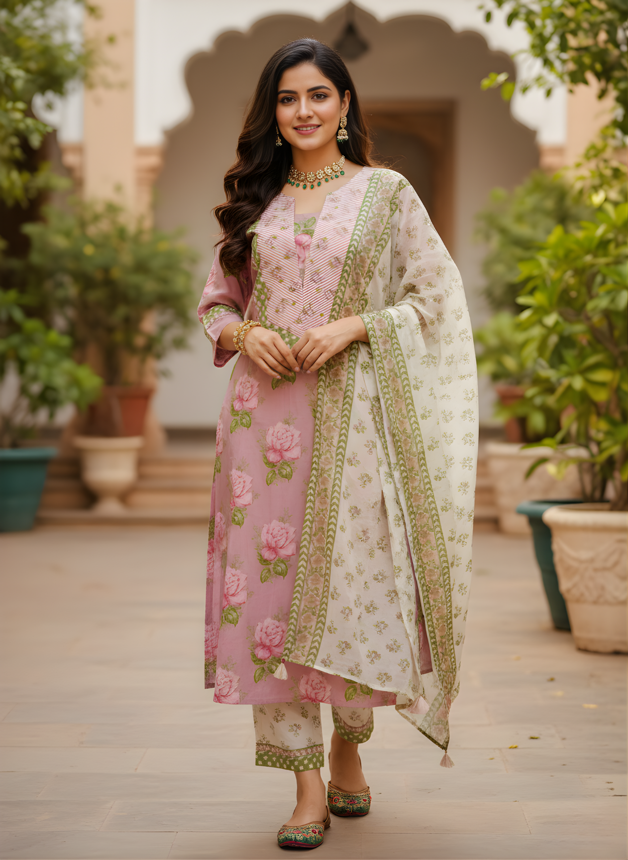 Pink ethnic cotton dupatta set women