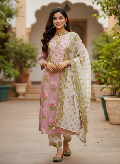 Pink ethnic cotton dupatta set women