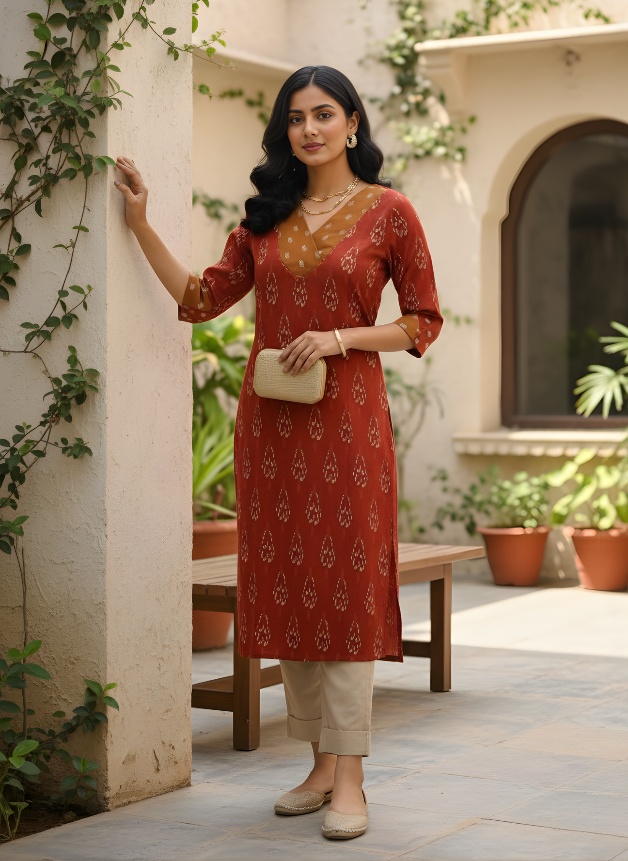 Pure cotton rust kurta with beige pant Aaronee