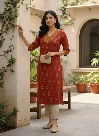 Pure cotton rust kurta with beige pant Aaronee