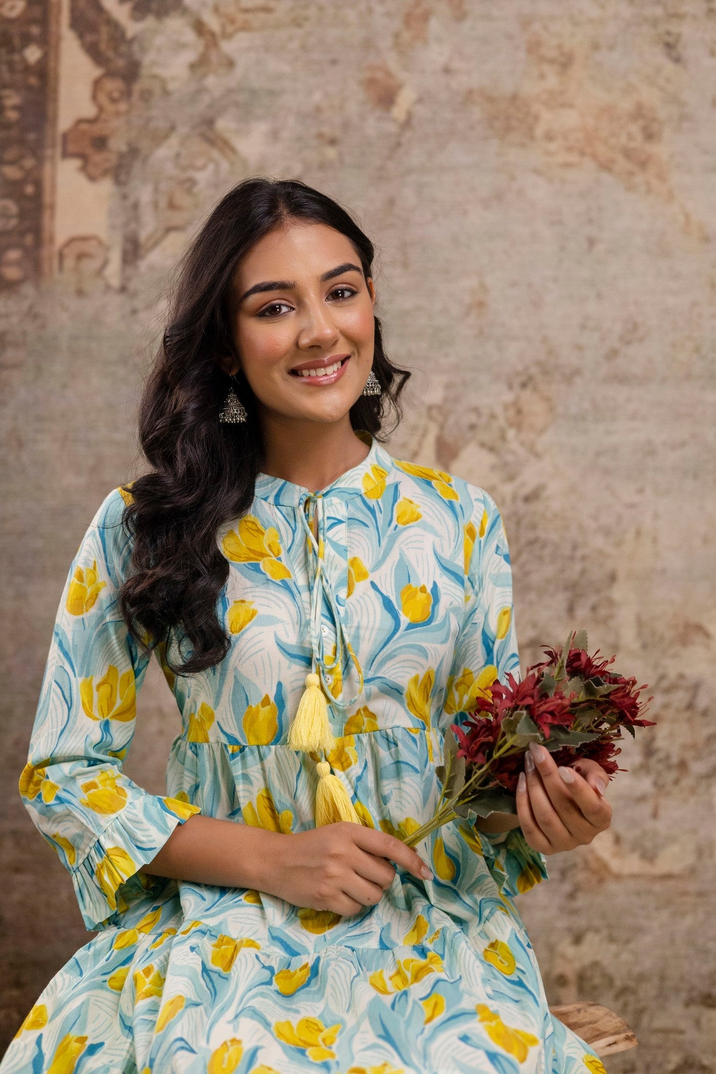 Tiered pure cotton summer dress with tulip print