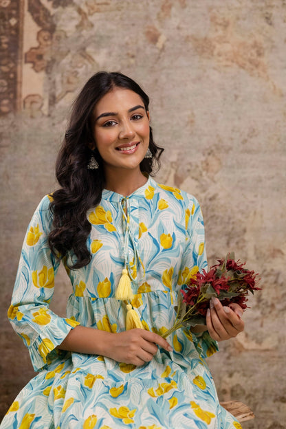 Tiered pure cotton summer dress with tulip print