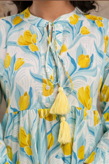 Pure cotton middy with tassel neckline and sleeves