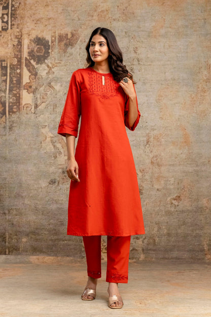 Wholesale women cotton kurta pant set red