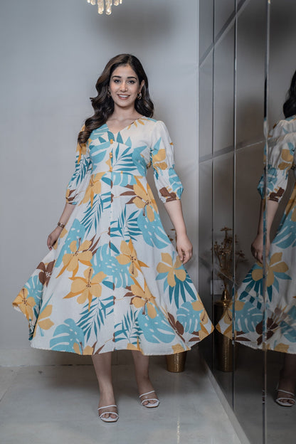 Stylish puff sleeve cotton dress for women