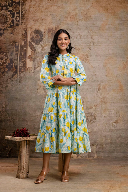 Sky blue cotton dress with yellow tulip motifs