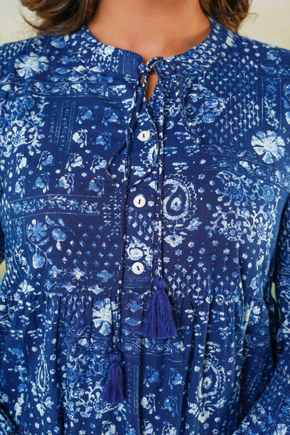 Wholesale women cotton printed midi dress blue