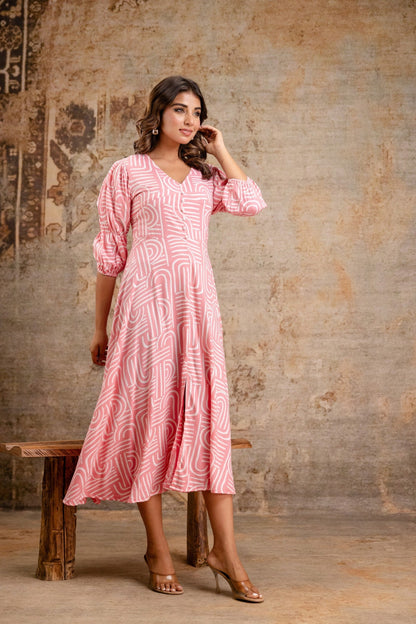 Trendy pink midi dress with 3/4th sleeves