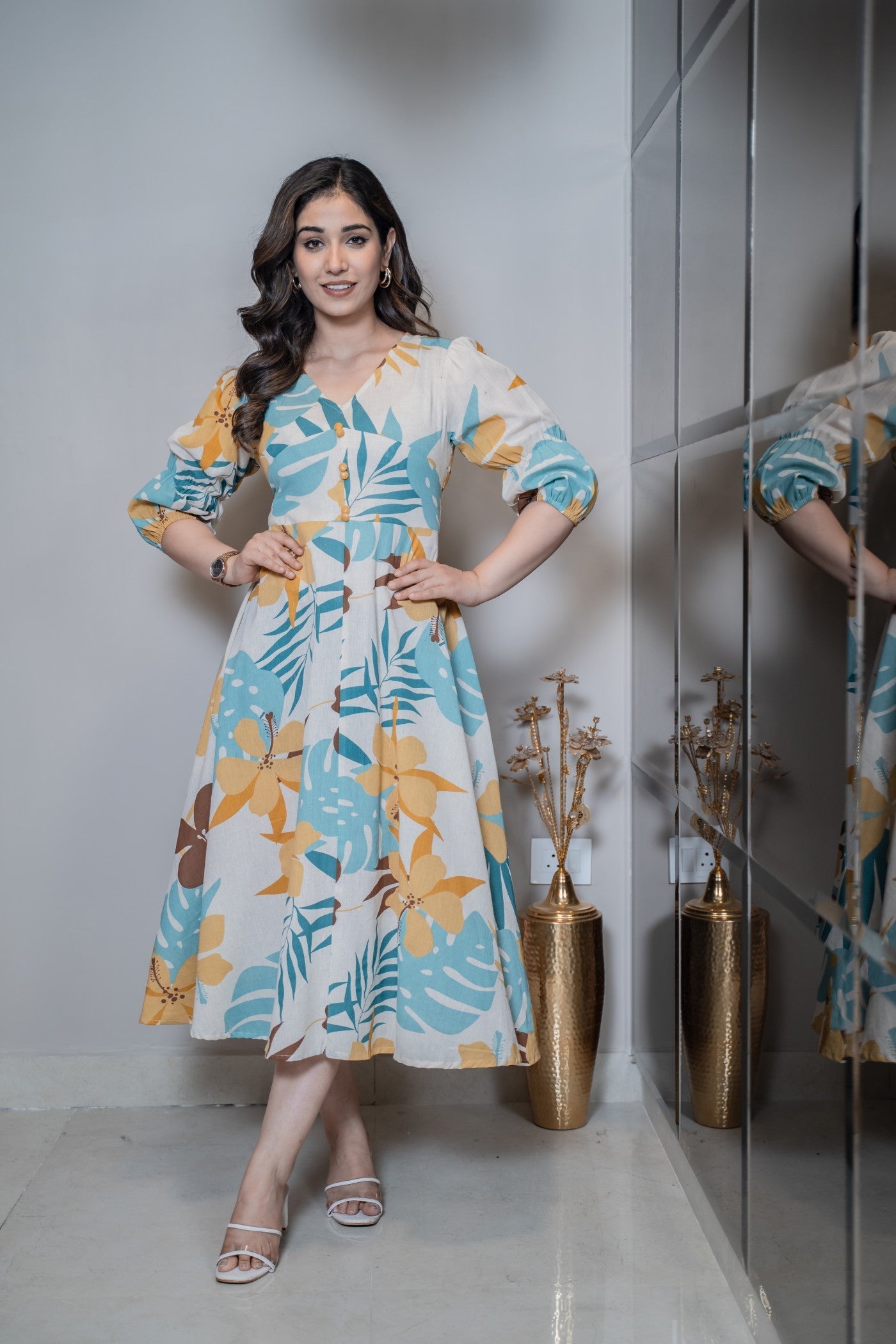 V-neck printed cotton middy dress