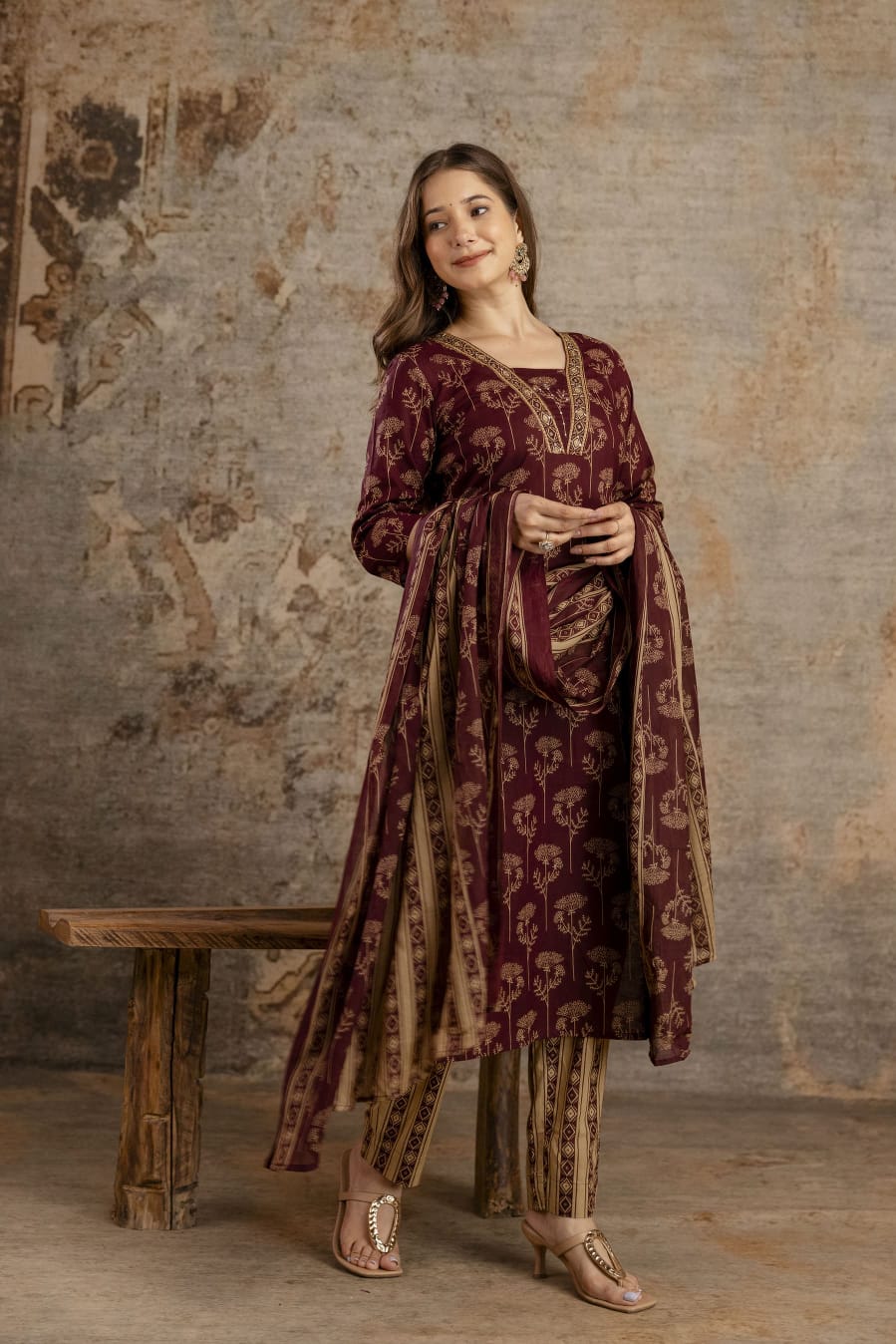 Maroon cotton dupatta set women wear wholesale manufacturer India