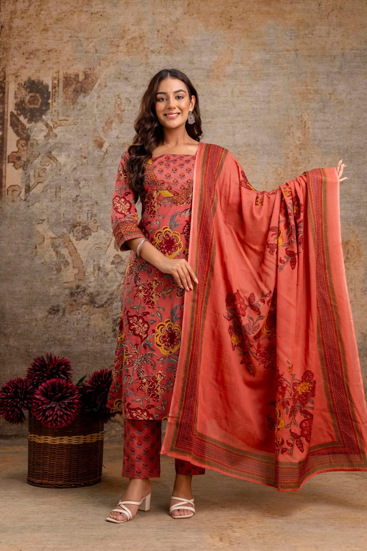 Pure cotton floral dupatta set wholesale by Neelufer Creation