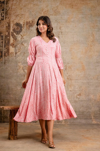 Women's pink midi dress with puff sleeves