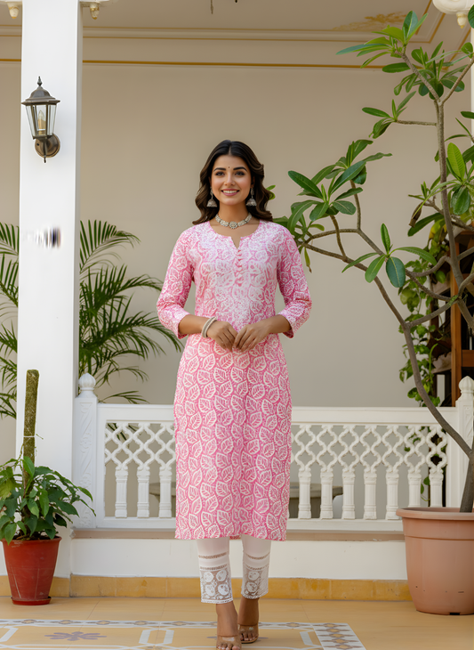 Neelufer Creation pink heavy yoke embroidered cotton kurti front view