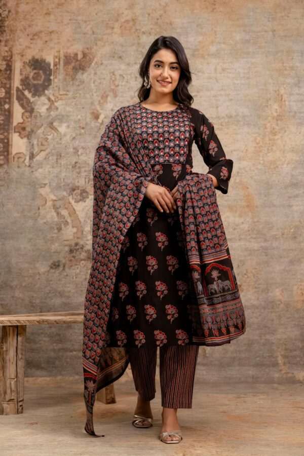 Red & Brown Cotton Printed Kurta Dupatta Set